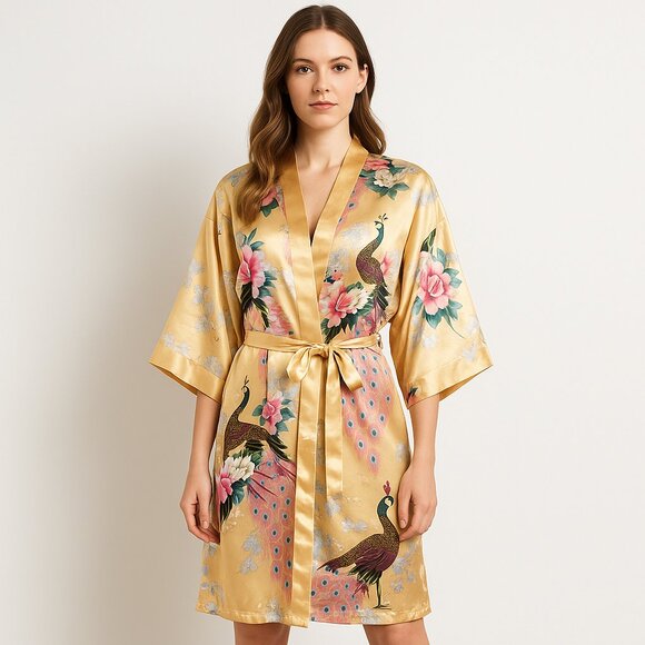 Oriental Village Kimono Robe Satin Look Peacock Floral Champagne OS NWT - Picture 3 of 13